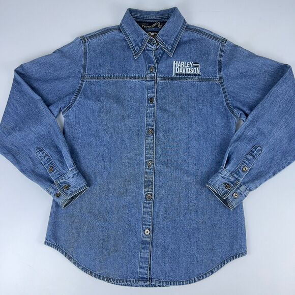 Harley Davidson Grease Monkey Denim Shirt Women’s XS Intentionally Distressed - Picture 2 of 15